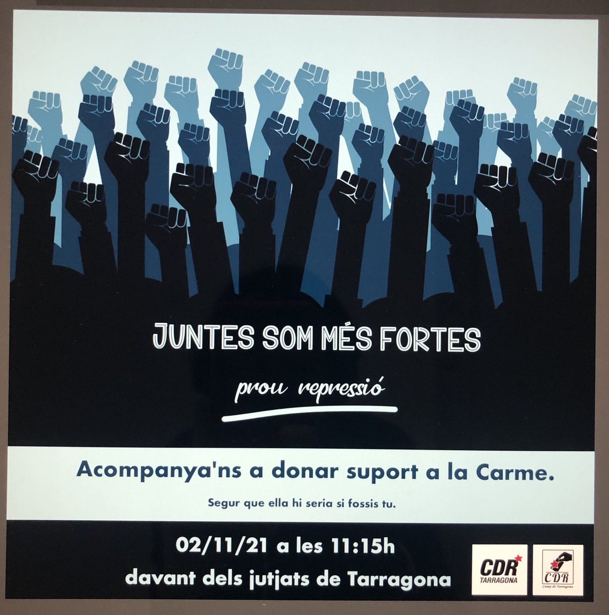 TarragonaCdr's tweet photo. Anem-hi i donem suport a la Carme, companya encausada! ✊🏾✊🏾✊🏾
🗓️ 2 de novembre
🕣11.15h
📍Davant els jutjats de #Tarragona https://t.co/6tbyyOrdrP