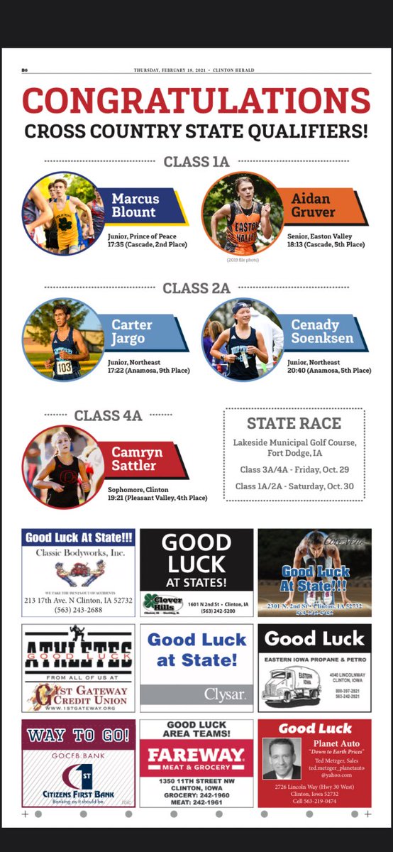 CarieKuehnNews's tweet photo. We’ve got our state qualifiers on a special page tomorrow! #iahsxc https://t.co/4kAQIalPXZ