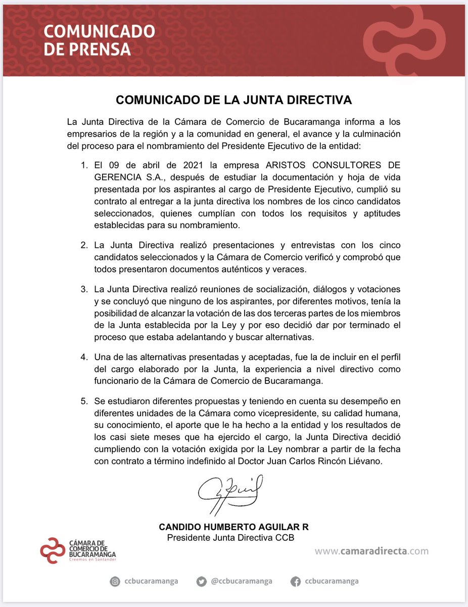 CCBucaramanga's tweet photo. 📣#ComunicadoDePrensa La Junta Directiva de la Cámara de Comercio de Bucaramanga decidió, cumpliendo con la votación exigida por la ley, nombrar a partir de la fecha a Juan Carlos Rincón Liévano como presidente ejecutivo de la entidad. https://t.co/5KRigxSmR0