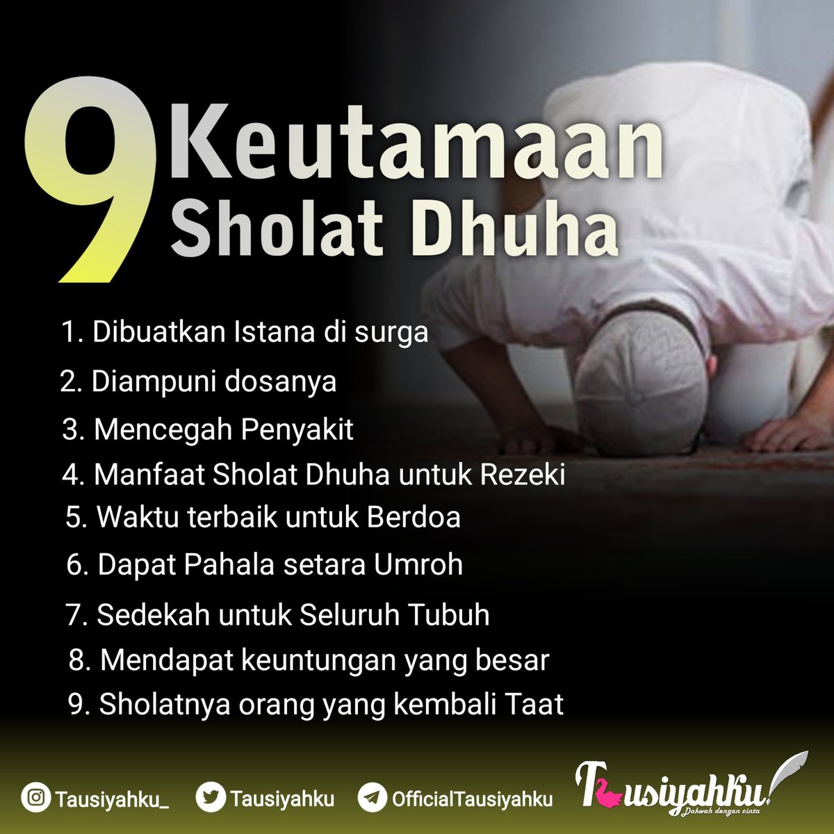 KEUTAMAAN SHALAT DHUHA

Imam Nawawi rahimahullah mengatakan,  “Hadits dari Abu Dzar adalah dalil yang menunjukkan keutamaan yang sangat besar dari shalat Dhuha dan  menunjukkan kedudukannya yang mulia. Dan shalat Dhuha bisa cukup dengan dua raka’at” 

(Syarh Muslim, 5: 234).