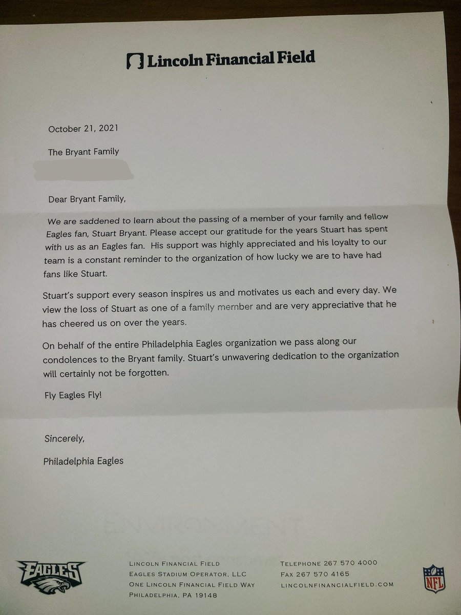 HogfarmerChriss's tweet photo. I got home tonight to a letter from the @Eagles sitting on my table. 

My dad was a huge Eagles fan and we would watch every Washington vs. Eagles game. 

I miss you much dad. Life just isn't the same without you. 
This hurt.....🥺

Thank you @Eagles organization.
#FlyDadFly 🦅 https://t.co/FgtsXKlkQM