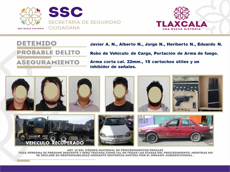 SSC_TLX's tweet photo. LA SSC DETIENE A CINCO PRESUNTOS RESPONSABLES DE ROBO DE TRANSPORTE Y PRIVACIÓN ILEGAL DE LA LIBERTAD DE UNA PERSONA
Un tractocamión fue recuperado, además se aseguró un arma de fuego calibre 22 con 15 cartuchos útiles, cargador, un inhibidor de señales y dos vehículos.
#SSCTLX https://t.co/XFUyHE4TTB