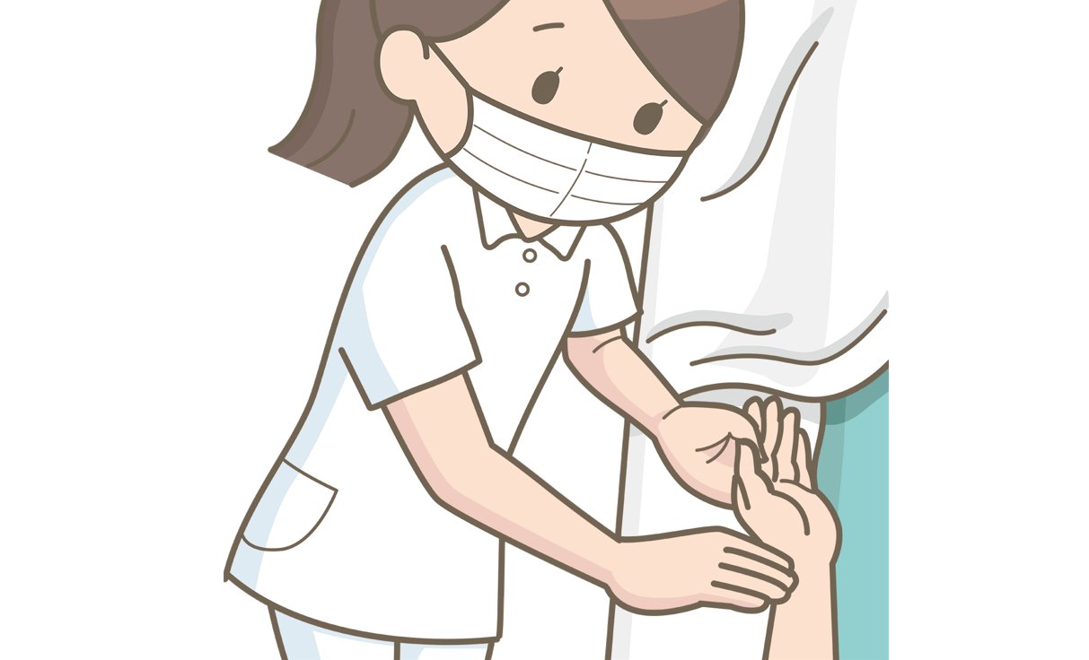 看護師 イラスト集 看護roo 脈の確認をしている看護師のイラストです 看護師が患者さんの橈骨動脈を触知している様子が描かれています フリーイラスト フリー素材 看護師イラスト集 看護師 イラスト集 脈の確認をしている看護師のイラスト