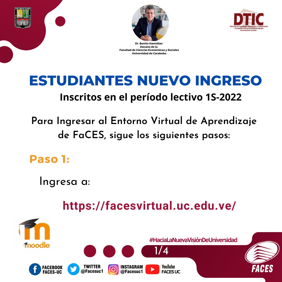 facesuc1's tweet photo. 🚨Atención🚨

Estimado estudiante nuevo ingreso, para ingresar a nuestro Entorno Virtual de Aprendizaje de la FaCES sigue los pasos indicados. 

Bienvenido al 1S-2022.

Dr. Benito Hamidian 
Decano https://t.co/u4EJD2f0Mc