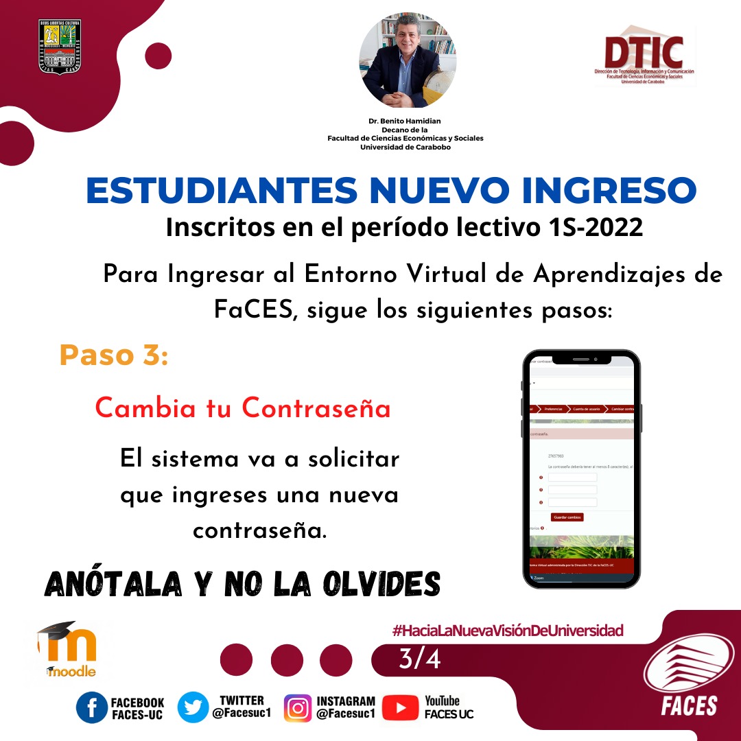 facesuc1's tweet photo. 🚨Atención🚨

Estimado estudiante nuevo ingreso, para ingresar a nuestro Entorno Virtual de Aprendizaje de la FaCES sigue los pasos indicados. 

Bienvenido al 1S-2022.

Dr. Benito Hamidian 
Decano https://t.co/u4EJD2f0Mc