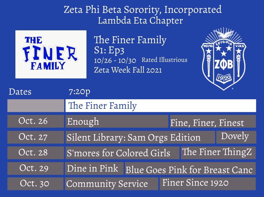 SamHoustonZetas's tweet photo. Zeta week is finally here! Come join The Finer family for a week filled with great events! We can’t wait to see everyone!💙🤍🕊

#TheFinerFamily #LambdaEtaZetas 
#shsu https://t.co/WI2VGMgLJM