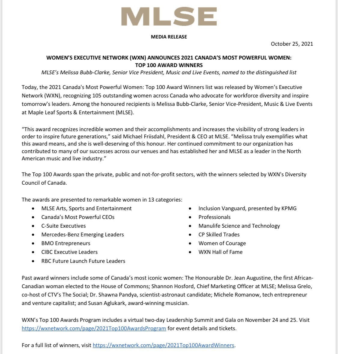 MLSEPR's tweet photo. Women’s Executive Network (WXN) names MLSE’s Melissa Bubb-Clarke, Senior Vice President, Music and Live Events, to the 2021 Canada’s Most Powerful Women: Top 100 Award Winners list 🏆 https://t.co/Hhfrqw5NsU