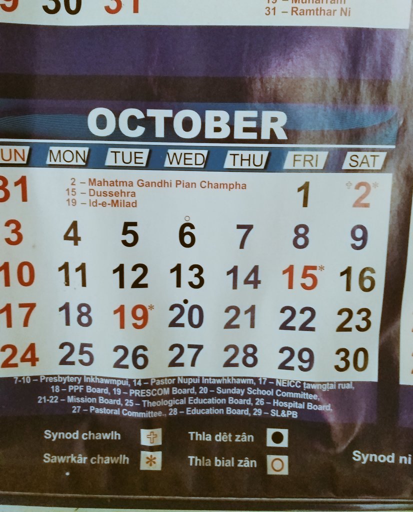 Kumin khuangchawi thla full moon hi synod calendar ah  hian a awm ve siloa ,full moon kha ka hre ta lo, pawimawh sin le😅...