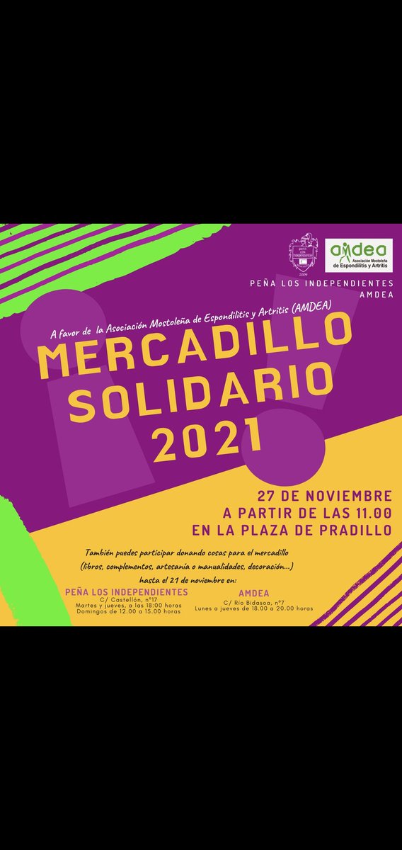 amdea2018's tweet photo. A partir del 27 de noviembre, en la Plaza del Padrillo, la Peña Los Independientes pondrá a disposición de los mostoleños el Mercadillo Solidario 2021, a favor de nuestra asociación.

Os esperamos a partir de las 11 de la mañana.

Muchas gracias!!! https://t.co/acbhvxyWwl