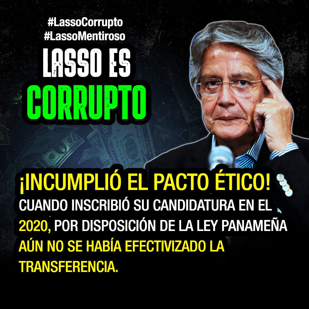 Fcedenor23's tweet photo. .@LassoGuillermo incumplió el Pacto Ético.  
Al momento de inscribir su candidatura en 2020, por disposición de la ley panameña, aún no se había efectivizado la transferencia de sus acciones. También, incurrió en testaferrismo al entregar sus acciones a sus hijos. #LassoCorrupto https://t.co/NclvGmkqvh