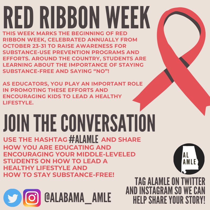 alabama_amle's tweet photo. #RedRibbonWeek is a very important week across the country! #ALAMLE would like to support you by sharing how middle-level educators are helping to educate and encourage students to lead a healthy lifestyle! https://t.co/ZsNlyZyNNP