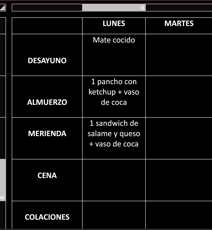 luciferiot_'s tweet photo. La nutricionista me mandó un archivo para ir anotando las comidas, ejercicio, etc. Empecé hoy y creo que va a estar muy contenta. https://t.co/v4cQLAIq1D