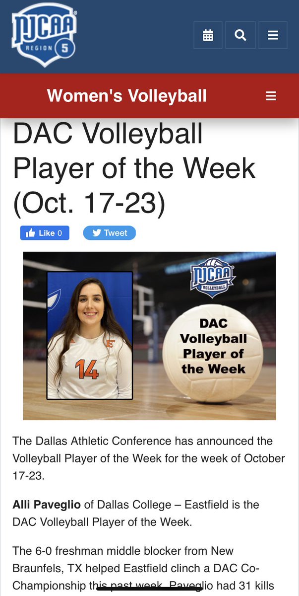 Congratulations to Dallas College Eastfield Volleyball middle blocker, Alli Paveglio on earning the Dallas Athletic Conference Player of the week!! #efcvolleyball