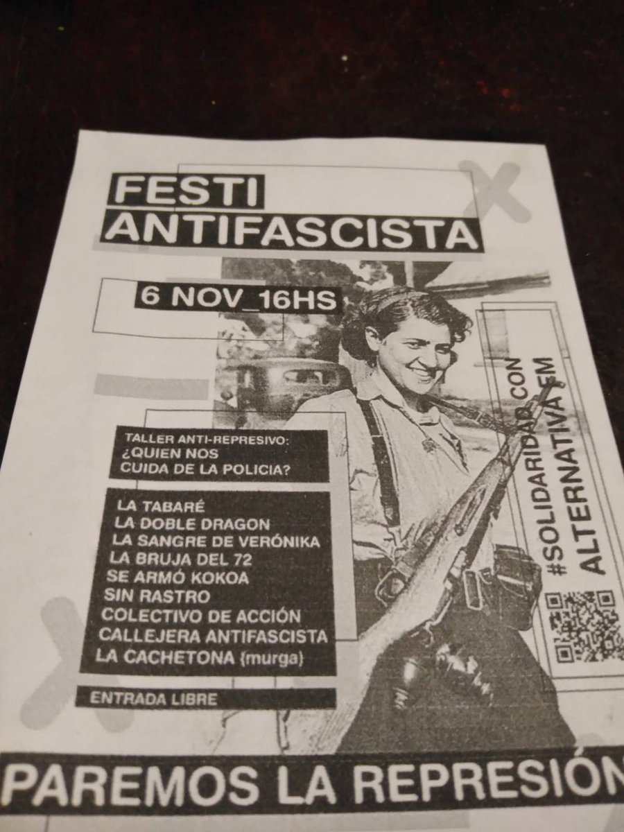 LilithGeraldine's tweet image. ⚡Festi #AntiFascista en #Montevideo

🗓️Sábado 6 de Noviembre

◾¡Por las libertades y en defensa de los medios alternativos de comunicación!
◾¡Solidaridad con Radio @alternativa_105!
◾¡Tocan a unx respondemos todxs!