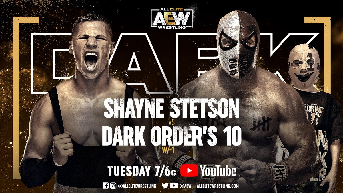 AEW's tweet photo. Tomorrow night on #AEWDark at 7/6c - https://t.co/lBSV4rTE11
-@MadKing1981 v @JackEvans711
-@riho_gtmv v #XTinaKay
-#ShayneStetson v @Pres10Vance
-@adrianjaoude v @dannybrownjr7 https://t.co/WWCKoGeYPY
