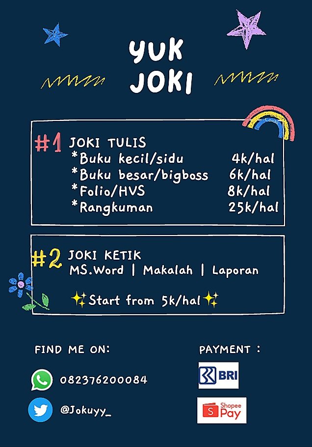 Haloo!! Yukk yang butuh jastul, jastik, dll boleh banget dm or wa aku yaaa. Bisa banget ngebantu kamu yang lagi banyak tugas 😊 yukk tunggu apa lagiii langsung dm atau wa yaa ✨✨