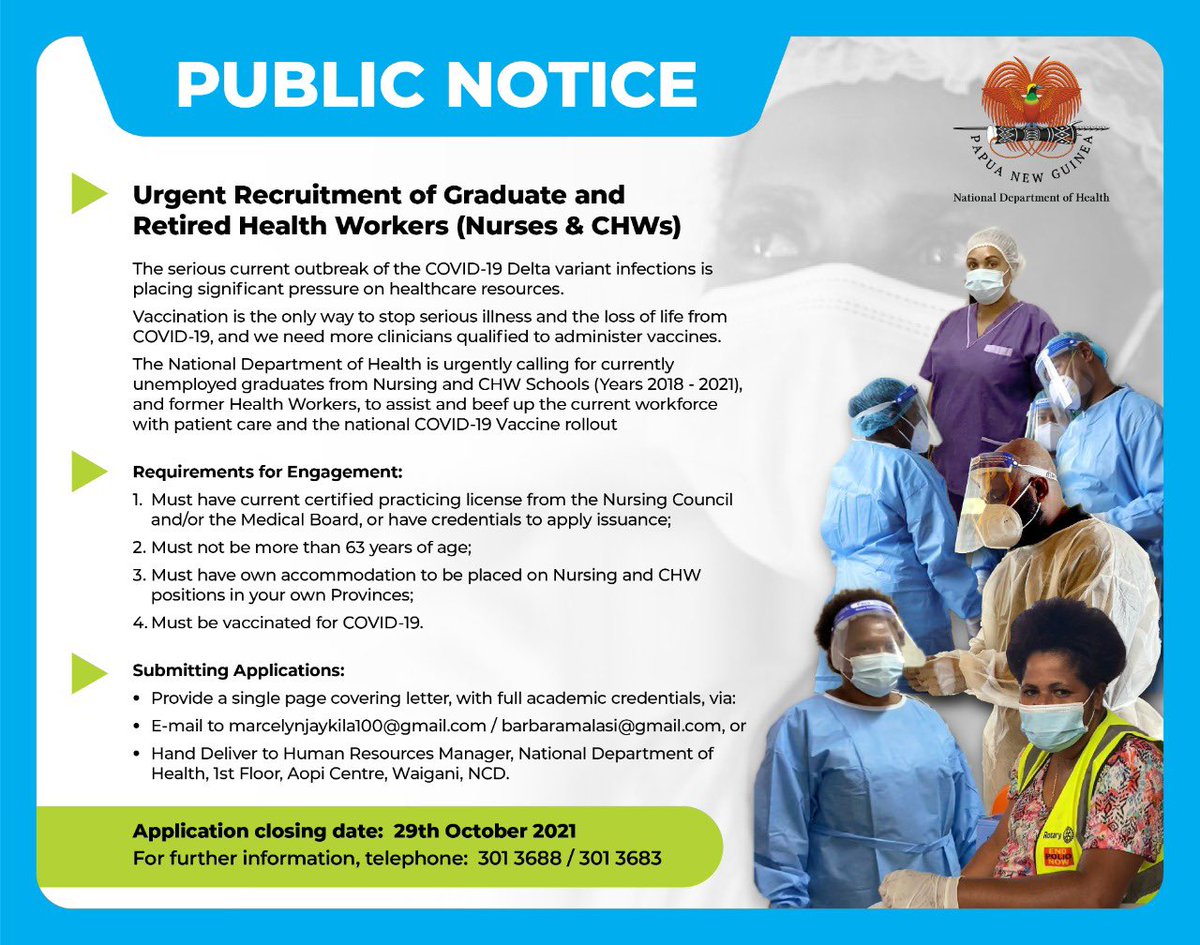 Call out for #PNG Graduate and Retired Nurses and CHWs by the National Department of Heath to support #covid19 vaccination and patient care #BeAVaccineChampion #SleevesUp