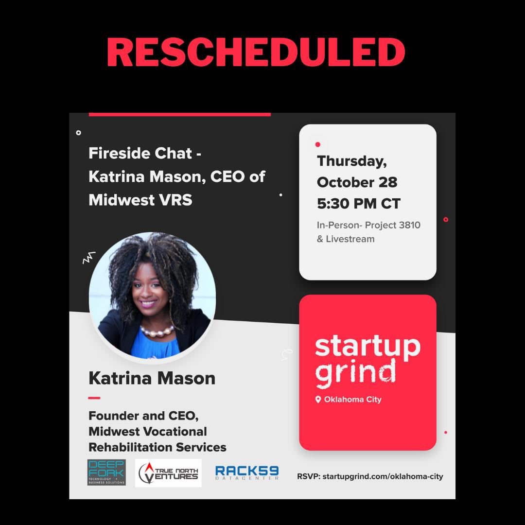 StartupGrindOKC's tweet photo. Happening this Thursday in #OKC

📢Join us this month for a #StartupGrindOKC Fireside Chat with Katrina Mason, CEO of Midwest Vocational Rehabilitation Services
📌Oct 28 at 5:30 PM - Project 3810, LLC  
🎟 RSVP for the details: https://t.co/q7wishfMgh #ForbesNext1000 #DEIMonth https://t.co/L4CNzWgyq5