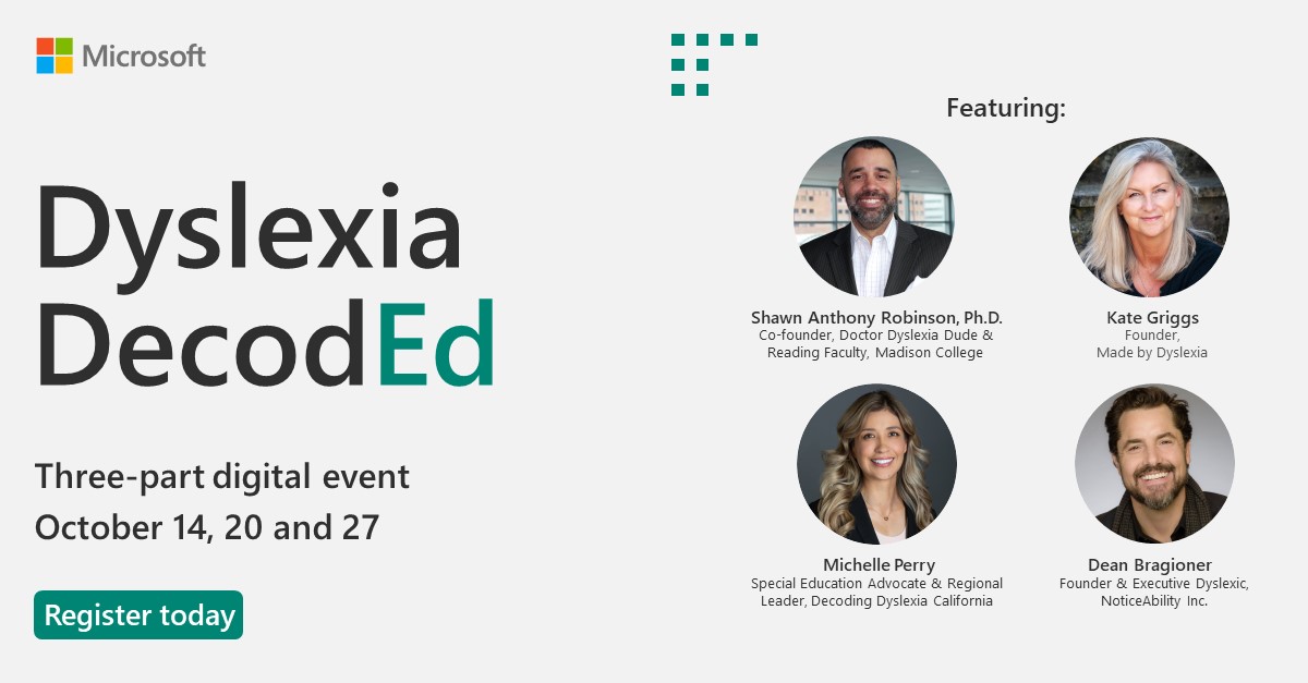 rachelmberger's tweet photo. Final day of Dyslexia DecodEd Wednesday, Oct 27 7:30p EST!
This week: @kate_griggs, @ArranDyslexia, @ElkaWalsh, @donasarkar discuss economic impacts & workplace!
Register๐https://t.co/BY8EhybMDa
#dyslexiaawarenessmonth #dyslexia #DyslexiadecodEd #microsoftedu #accessibility https://t.co/vggUOO5lqy