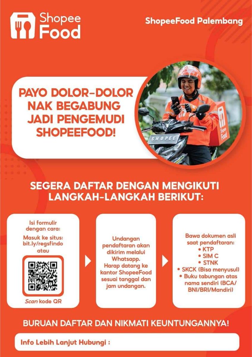 Pathiya_R's tweet photo. Hallo calon mitra ShopeeFood driver ☺️

Isi link ini untuk mendaftar 

⤵️⤵️⤵️

https://t.co/lCCyFVS6EC https://t.co/SS4ljkLzDX