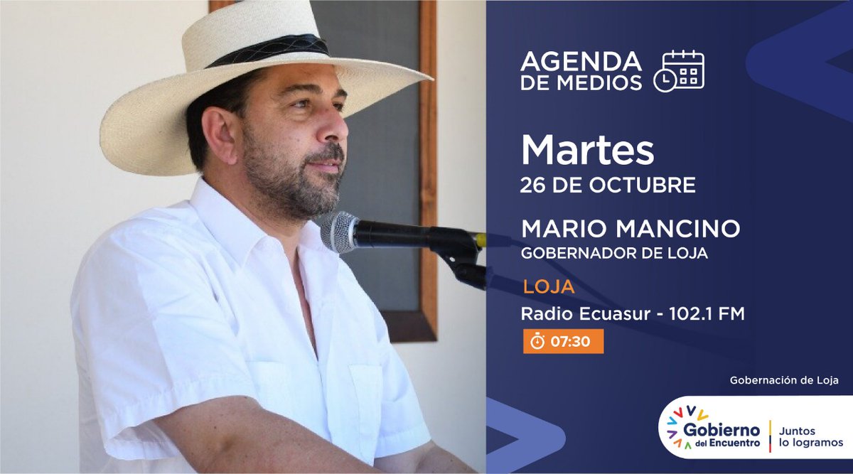 MAÑANA | No te pierdas la entrevista del gobernador de #Loja, <a href="/mariomancino/">Mario Mancino</a>, en radio Ecuasur, informará sobre el #PlanRescateEcuador y otros temas de interés ciudadano. 

#JuntosLoLogramos