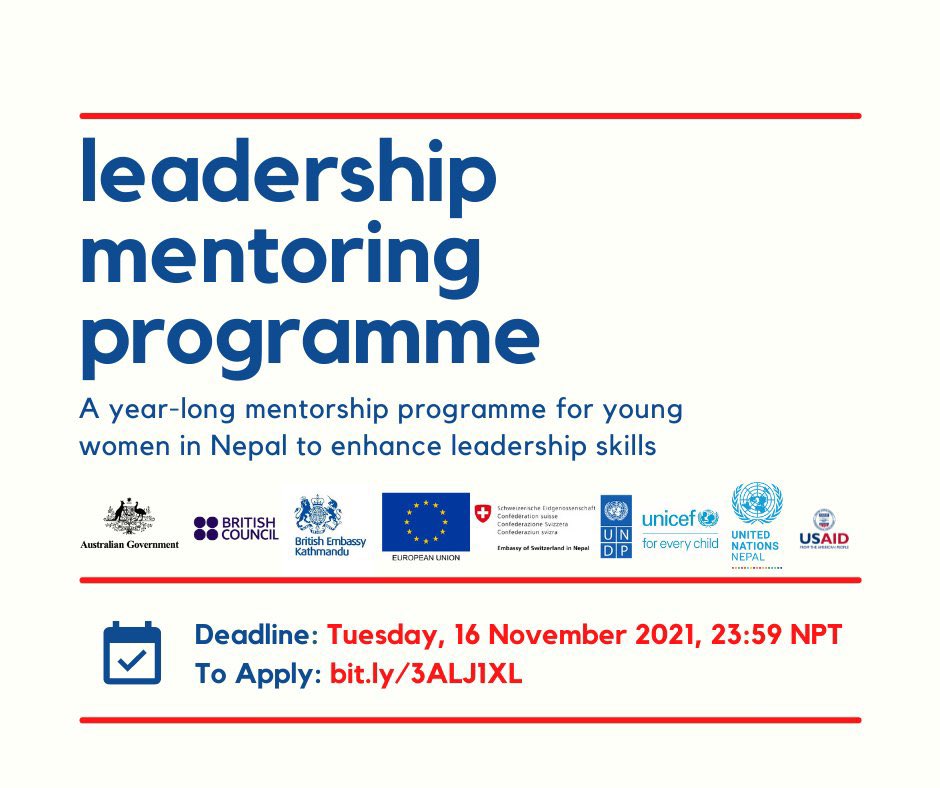 UKinNepal's tweet photo. #TransformationTuesday

9⃣ woman ambassadors and heads of development agencies
1⃣year-long leadership mentoring programme
✅Eligible: women aged 18-30 residing in #Nepal for the duration of the contest
For details👉https://t.co/cJXGbAP9Oa 

[Please RT to help spread word!] https://t.co/zli16cMpUs