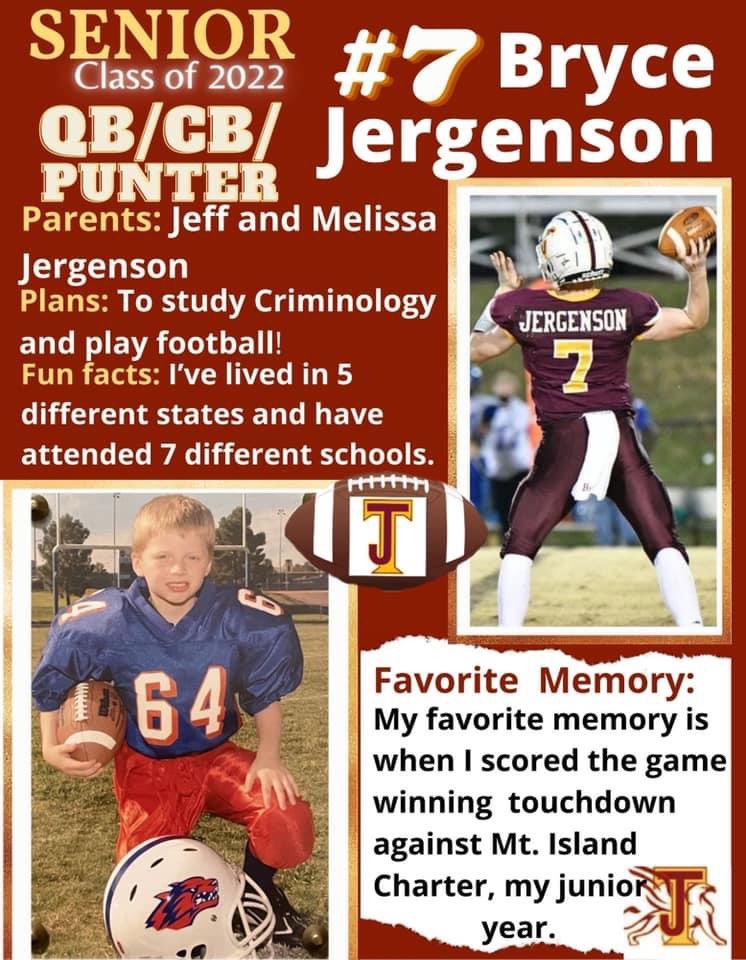 MJergenson23's tweet photo. From the tiny 5 year old starting with Pop Warner football in Las Vegas, to the Senior that studies and executes the game. You’ve come a long way. You’ve learned how to be a teammate, win and lose with grace, and lead even when it’s difficult. #ProudParents @Supersave23 https://t.co/XSvcIOkW9m