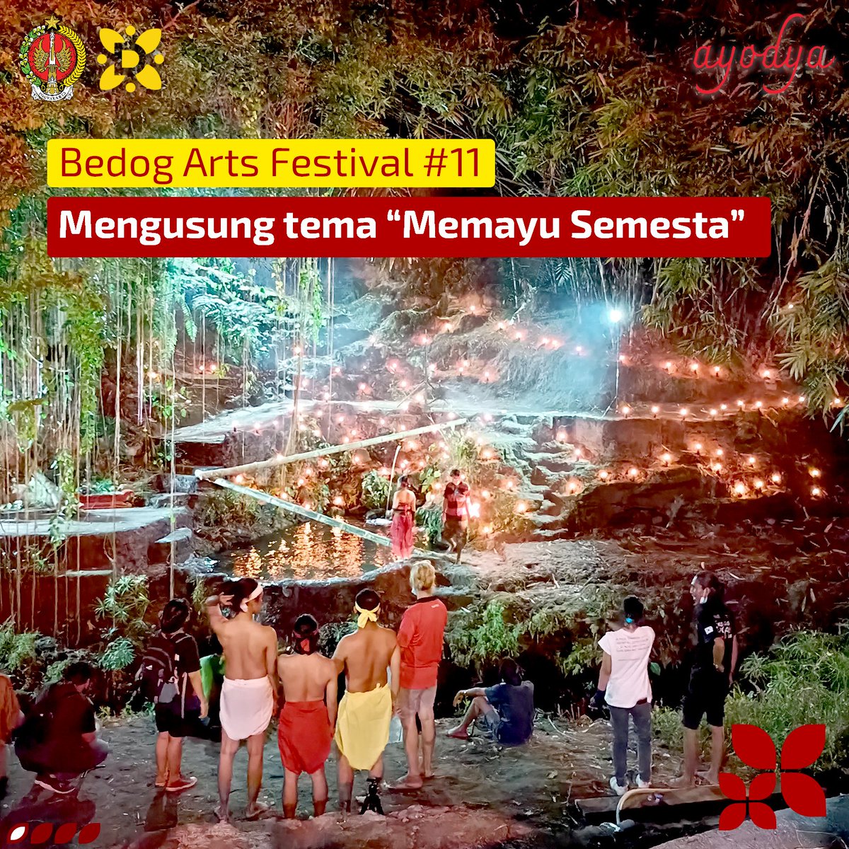 Bedog Arts Festival (BAF) merupakan pagelaran pertunjukan seni yang diadakan setiap tahun. Pertunjukan seni tradisi dan kontemporer yang menjadikan sungai Bedog, di Dusun Kradenan, Desa Banyuraden, Gamping, Sleman, sebagai panggungnya. #BedogArtFestifal #Ayodya #JogjaIstimewa