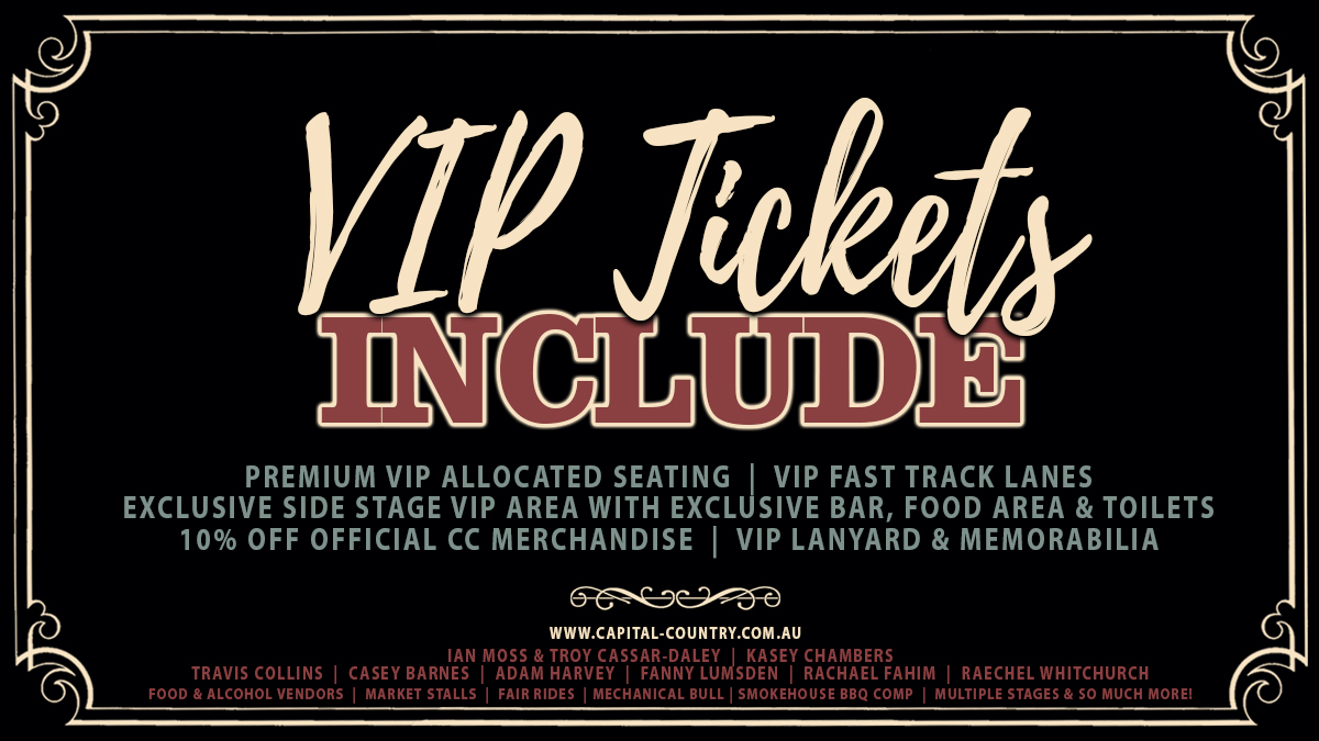 ACTCountry's tweet photo. This is what y'all get with your VIP Ticket: 🤠
✅  Premium VIP Allocated Seating
✅  VIP Fast track lanes
✅  Exclusive Side Stage VIP area with exclusive Bar, Food area &amp; Toilets 
✅  10% OFF all Official CC Merchandise
✅  VIP Lanyard &amp; Memorabilia
Get in QUICK - 9am TOMORROW https://t.co/4ALNuzaMne