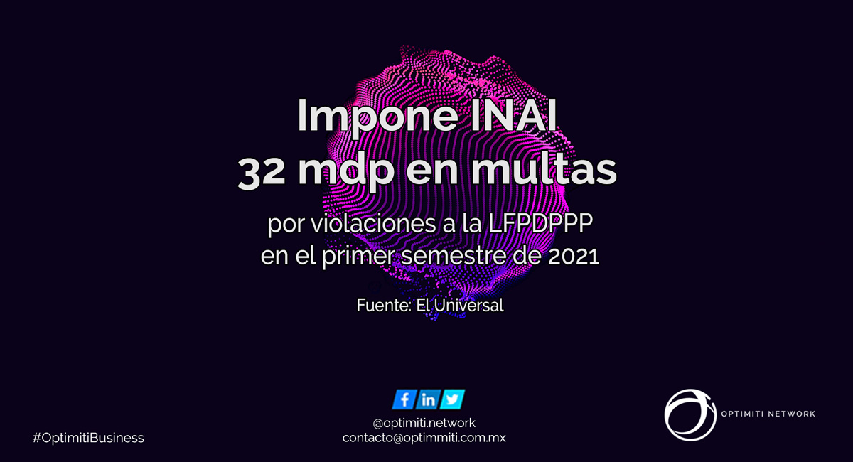 optimitinetwork's tweet photo. En el 1er semestre de 2021, el #INAI impuso multas por un monto de 32.5 millones de pesos a personas físicas y/o morales que infringieron la Ley de #ProteccióndeDatosPersonales (#LFPDPPP).
Nota: https://t.co/rnAwSon27Y
¡Permítenos asesorarte! https://t.co/y9ZfnLRp6a #Optimiti https://t.co/A4RzRRuGjE
