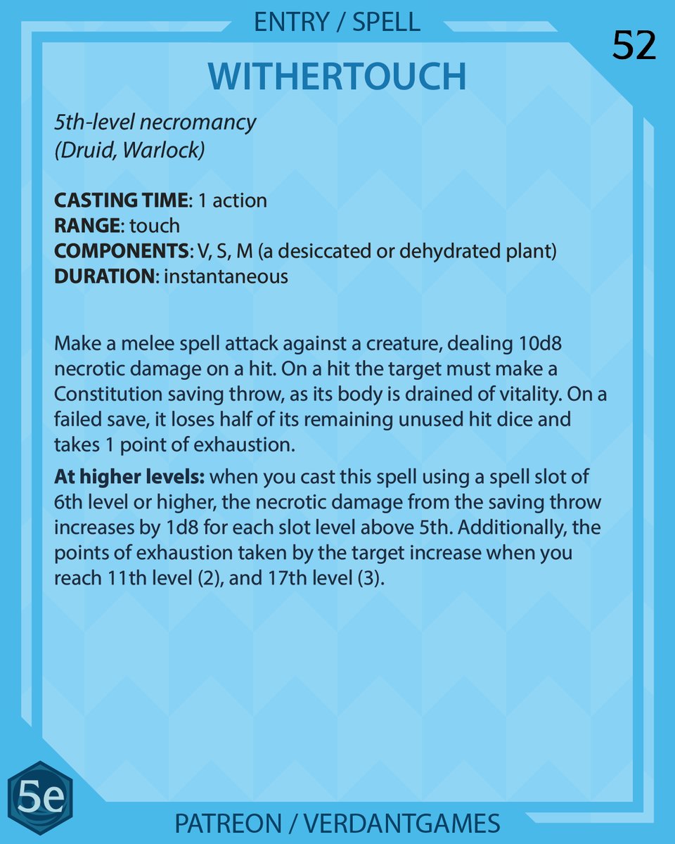 verdantgames5e's tweet photo. Withertouch, 5th-level necromancy 

You drain the vitality from a creature, exhausting it and reducing its pool of hit dice

Art by @ossocavo

#foregonecompendium #dnd #dnd5e #dndhomebrew #homebrew #dndspells #5espells #patreon #patreoncreator #ttrpg #d20 https://t.co/a0kFKYeoaS