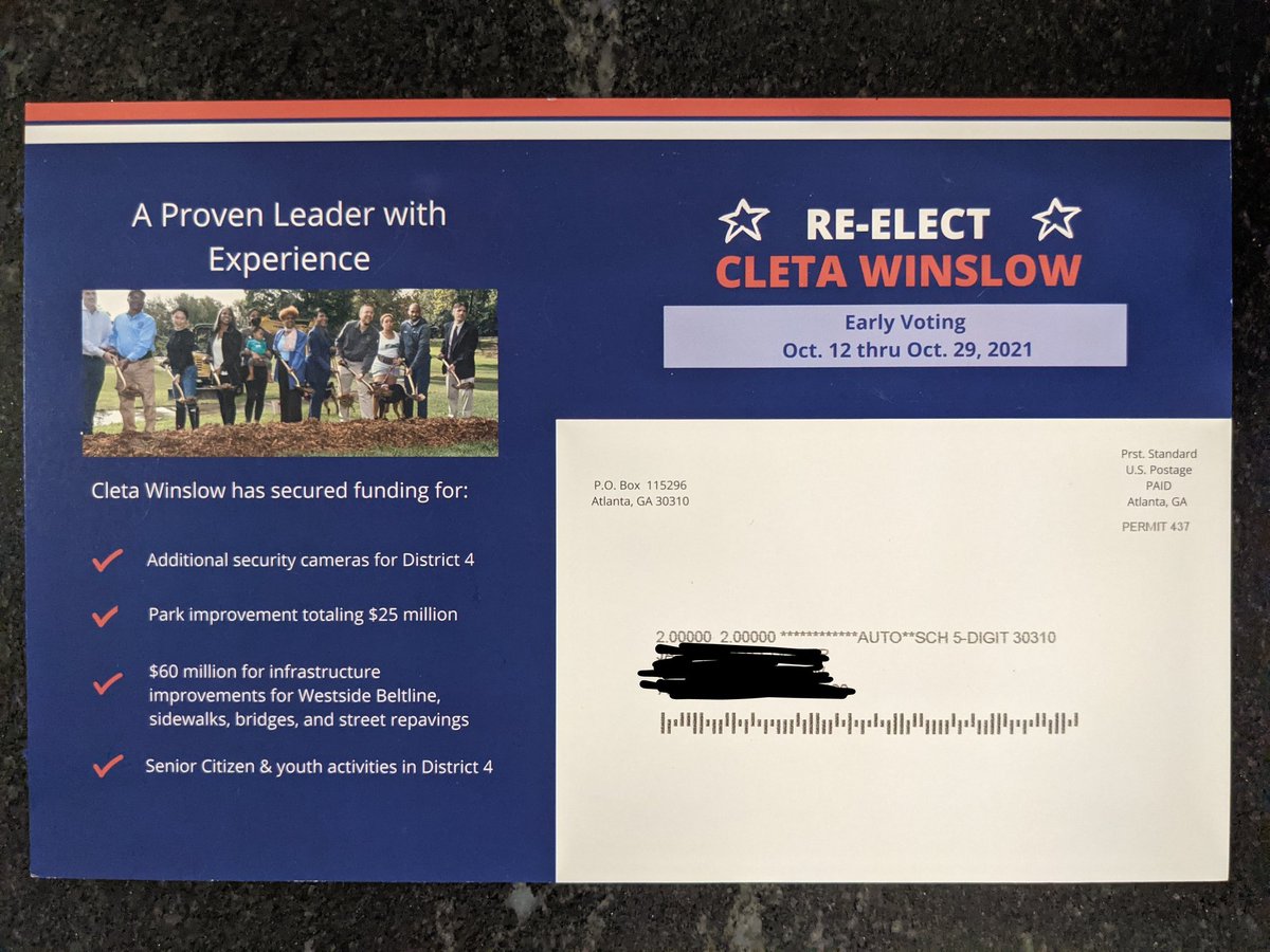 SsatoshiSeeker's tweet photo. Despite the yard signs, t-shirts, and campaign literature, Cleta Winslow hasn't reported a single expenditure this entire campaign cycle. So it's not surprising that she doesn't tell us who's paying for her direct mail, even though it's required by law. Ethics matter. #atlpol https://t.co/N3QGsbSvN0