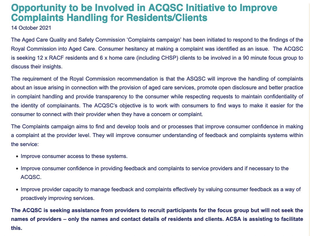 agedcarecrisis's tweet photo. 1/2: In an effort to improve complaints handling in #agedcare, industry-friendly regulator, Aged Care Quality & Safety Commission #ACQSC are seeking an #IndustryLed solution. Industry gets to pick & choose 'Focus Group Participants'. What a joke. https://t.co/CUldi4zPBS