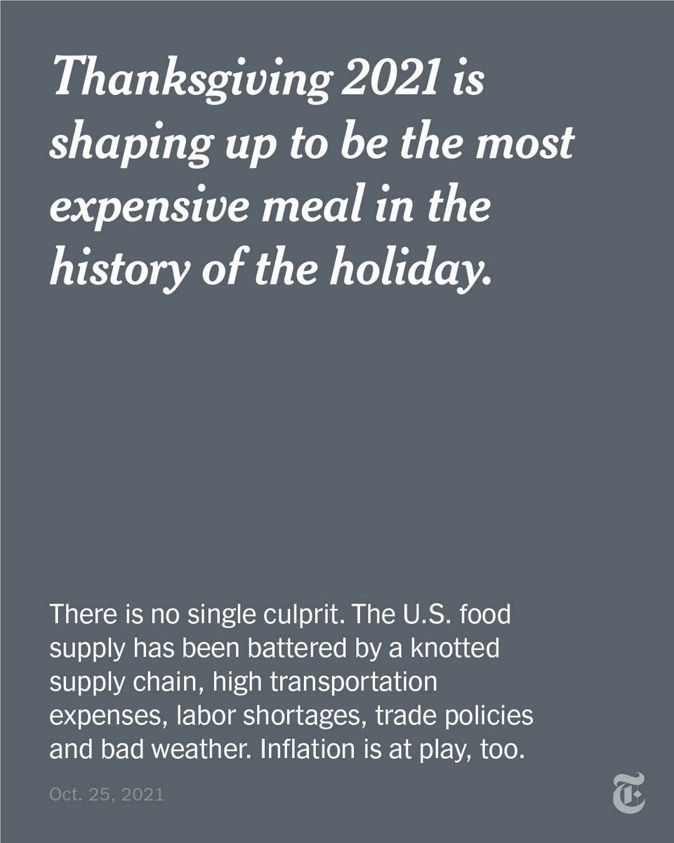 nytimes's tweet photo. Nearly every component of the traditional American Thanksgiving dinner, from the turkey to the after-dinner coffee, is expected to cost more than ever. https://t.co/5ogIFPCXGb https://t.co/XcWQZmhJHZ