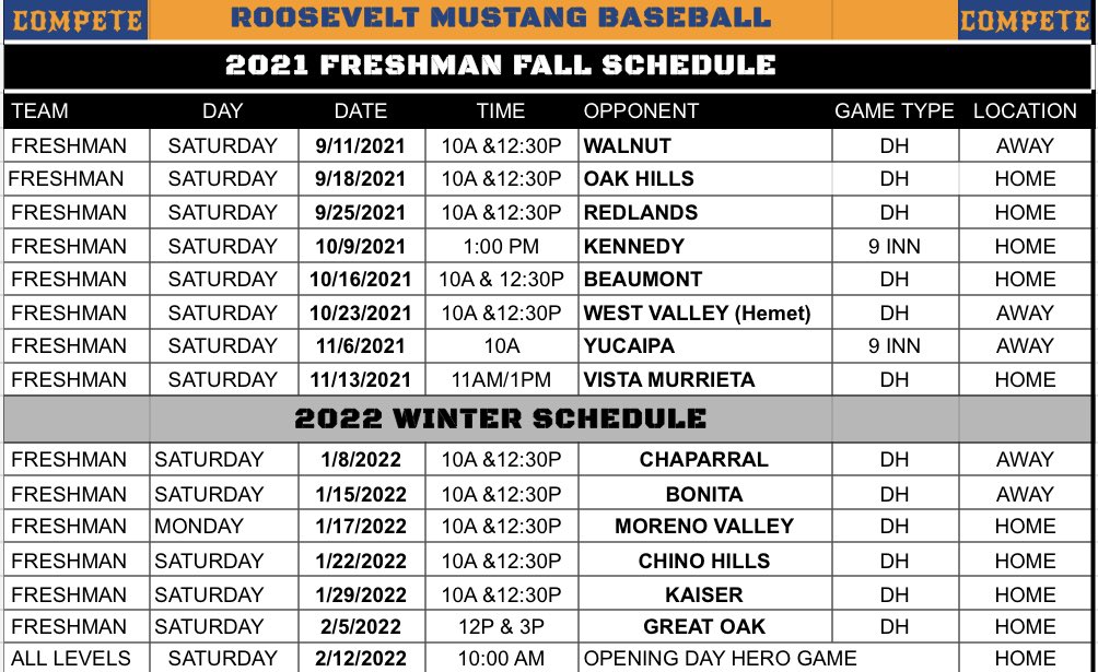 Roosevelt Baseball’s Off Season Schedules