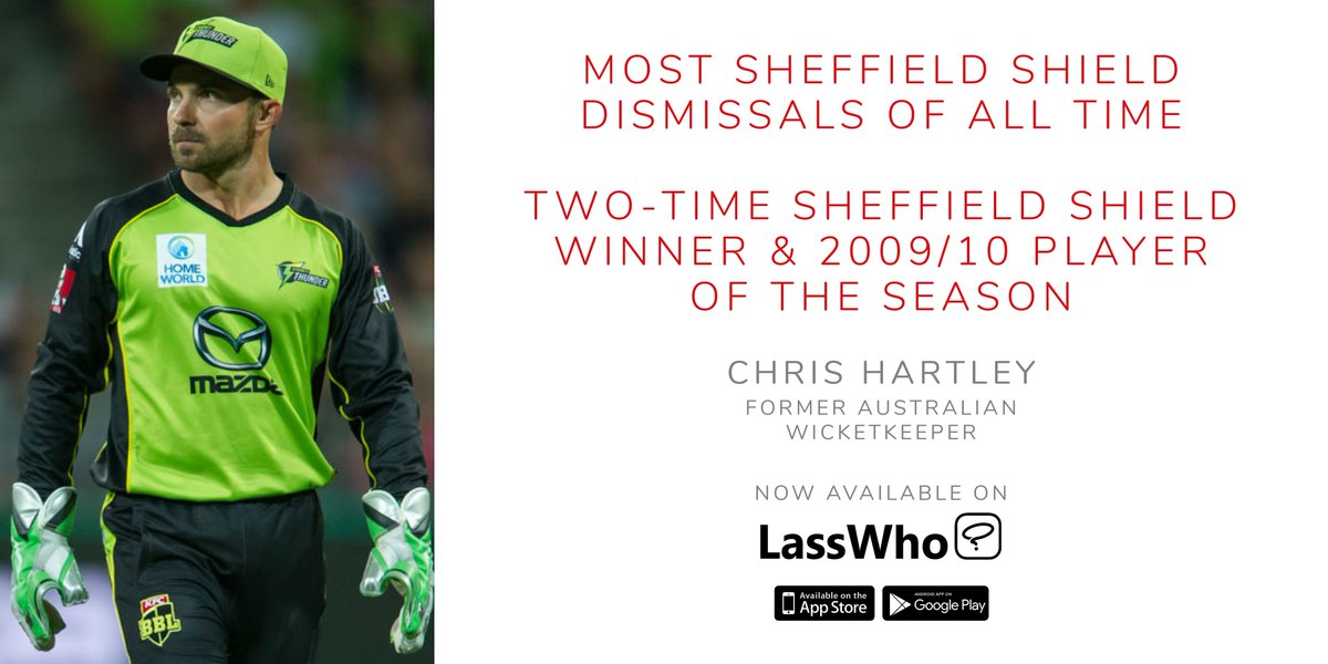 Welcome to LassWho, <a href="/_chrishartley/">Chris Hartley</a> 🥳

🔝 Most Sheffield Shield dismissals of all time
🏆 Two-time Sheffield Shield winner
🧤 One of Australia's best domestic keepers

Download the LassWho app to live video chat with your heroes 📱👉 onelink.to/n52a99

📸 <a href="/ThunderBBL/">Sydney Thunder</a>