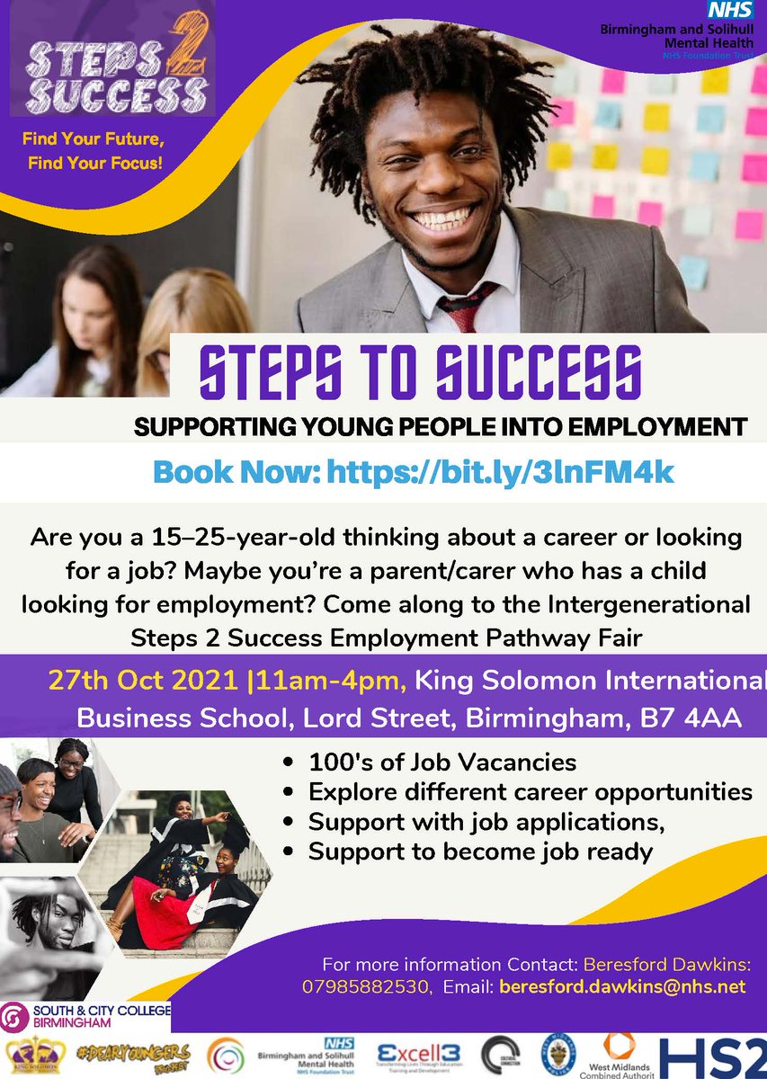 bsmhft's tweet photo. Tomorrow is the #steps2success jobs opportunity fair 11am – 4pm @ King Solomon International Business School Lord St, Bham, B7 4AA.
The NHS STEPS2SUCCESS event aims to equip & signpost those aged 15 – 25 to employment. https://t.co/etGYnGtlgV