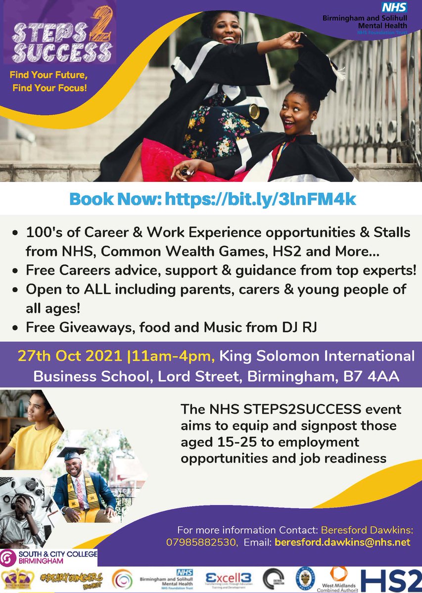 bsmhft's tweet photo. Tomorrow is the #steps2success jobs opportunity fair 11am – 4pm @ King Solomon International Business School Lord St, Bham, B7 4AA.
The NHS STEPS2SUCCESS event aims to equip & signpost those aged 15 – 25 to employment. https://t.co/etGYnGtlgV