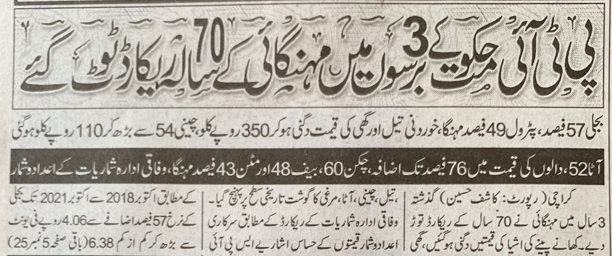 HamidMirPAK's tweet photo. صرف تین برس میں 70 سال کے ریکارڈ ٹوٹ گئے ۔ دالوں کی قیمت میں 76 فیصد، چکن 60 فیصد، بجلی 57 فیصد ،آٹا 52 فیصد اور پٹرول 49 فیصد مہنگا ہو گیا۔ان تکلیف دہ ریکارڈوں کا درد اسی وقت کم ہو گا اگر آج بابراعظم کی ٹیم بھارت کے بعد نیوزی لینڈ کو بھی شکست دیدے #T20WorldCup https://t.co/e4D8ufzz09