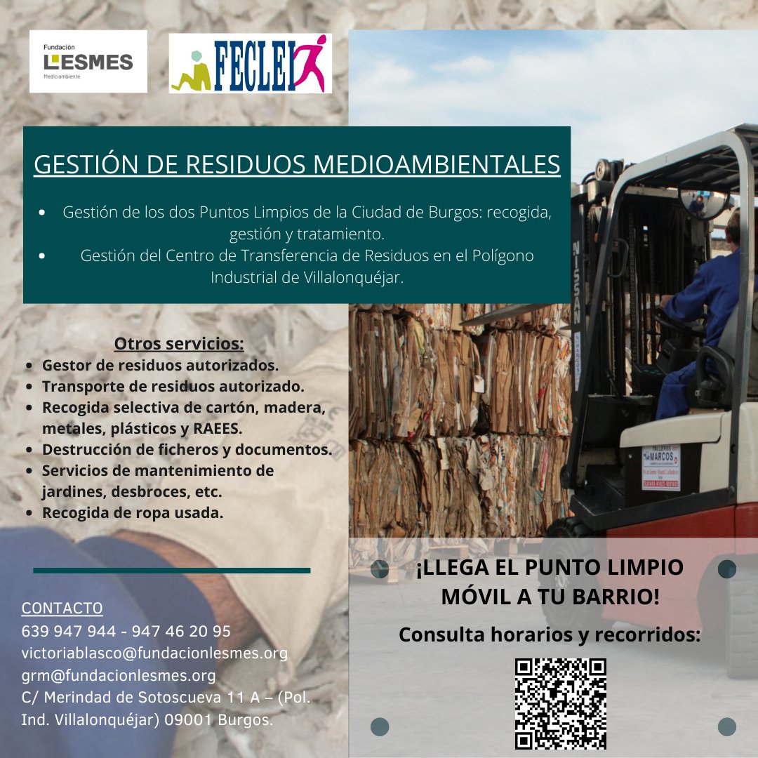 Feclei's tweet photo. La empresa de inserción GRM acerca la recogida de residuos a los barrios de Burgos a través del punto limpio móvil. Ya puedes consultar los horarios a través del código QR. 
#empresasocial #Feclei #EmpresasInsercion #GRM #EconomiaSocial #InsercionLaboral #castillayleon #España https://t.co/Wn9uH38lmG