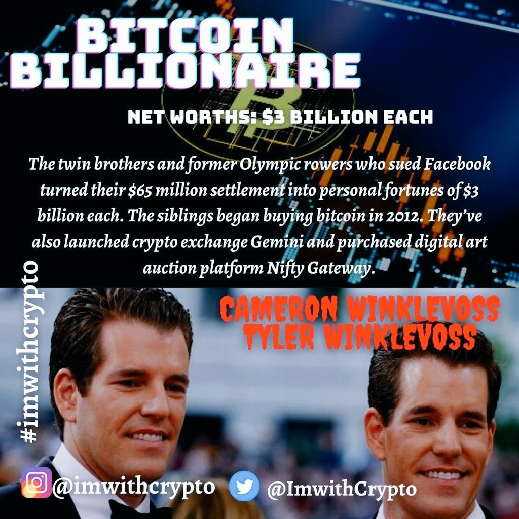 ImwithCrypto's tweet photo. Hey guys!!Wanna know something?
▪︎
▪︎
" Cameron Winklevoss and Tyler Winklevoss:-Bitcoin Billionaire:- $3 Billion each
▪︎
▪︎ @cameron , @tyler

#imwithcrypto #CryptocurrencyMarket #cryptocurrencies #Ripple #altcoin #USDT #Litecoin #Monero #Blockchain #mining #Markets https://t.co/zIOx6wO6Mu