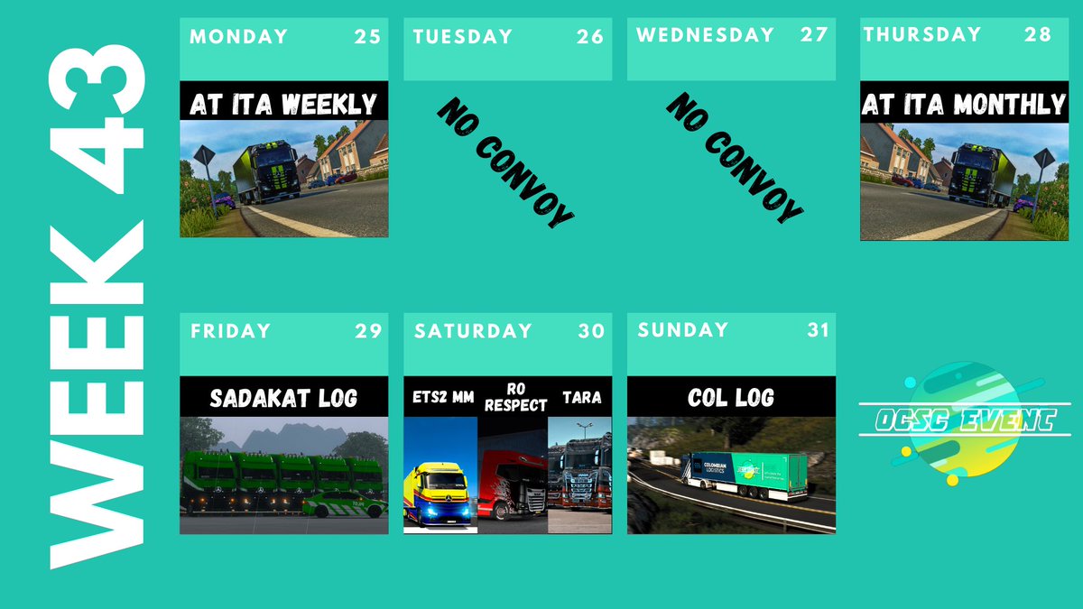 OCSC_Officiel's tweet photo. Good morning! Here is our week! Hope to see you on some of the events! 

#supervisedbyocsc #ets2 #truckersmp https://t.co/RkiWxXLQi7