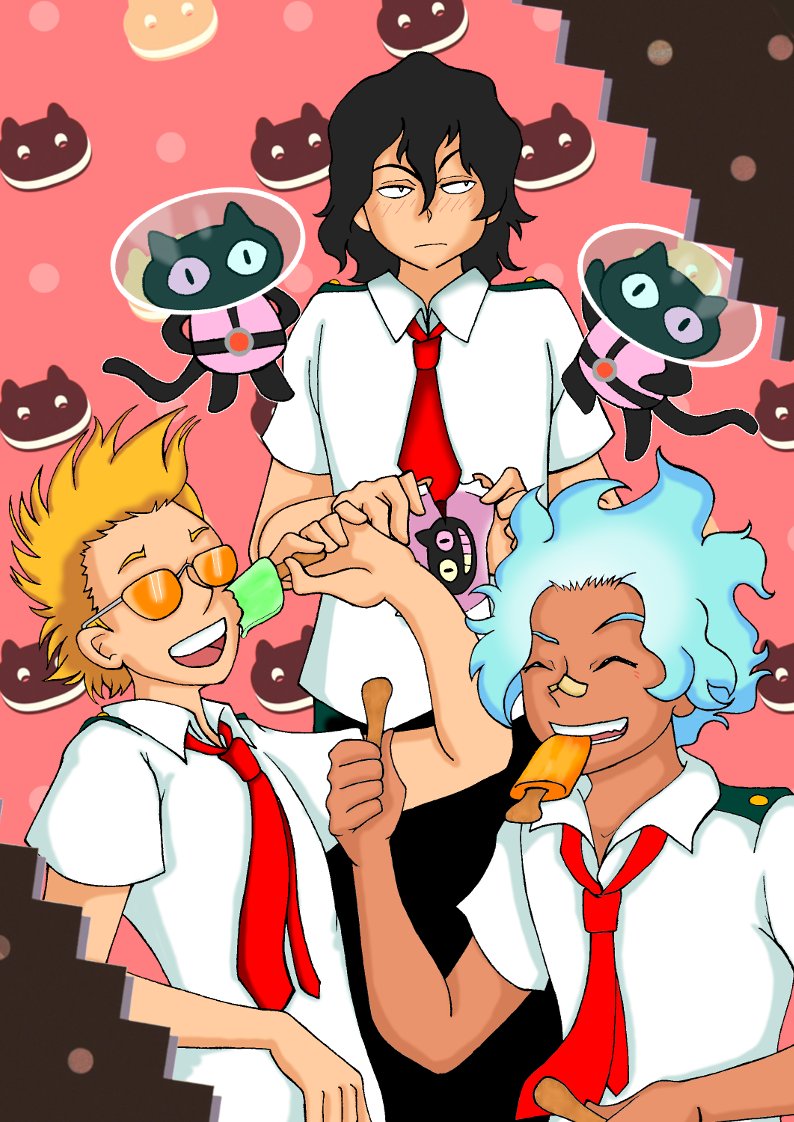 wrenfengtianshi's tweet photo. My final piece for the amazing @rooftopzine, which is now available for download! Be sure to go check it out for far more beautiful pieces of art and writing for our three most lovable troublemakers 🐈‍⬛☁️🎤
#rooftoptrio #erasercloudmic #bnha https://t.co/8LfCLmMMOL