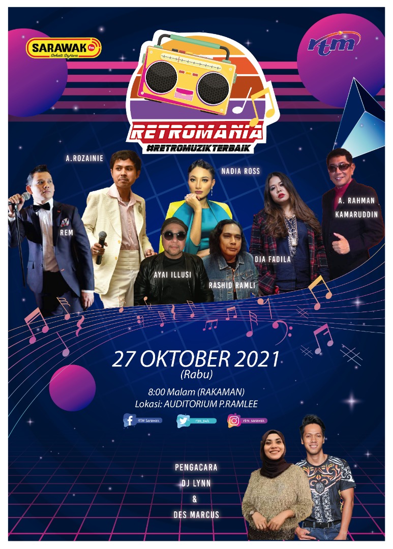 Jom adik kakak semua kt nangga Showcase RETROMANIA rakaman berpenonton, 27 Oktober 2021 pukul 8 mlm bertempat di auditorium P. RAMLEE. Pastikan kitak org dh lengkap 2 dos vaksin, kanak2 12 thn x dibenarkan&amp;patuhi SOP yg ditetapkan ok. Kemasukan terhad 150 jak. Pat² siku lipat