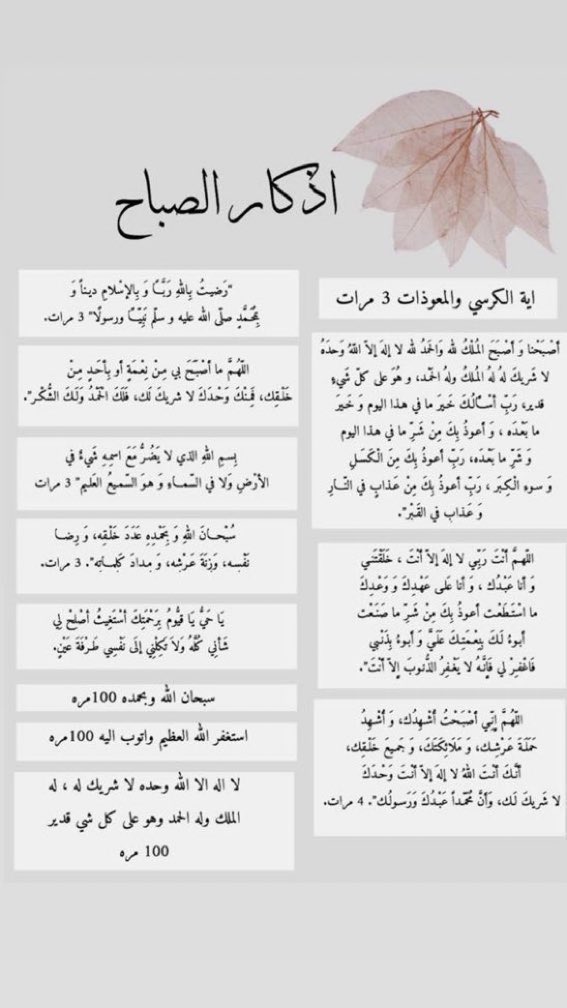 خير ما تبدأ به يومك
أذكار الصباح 🌤

• ففيها :
- تقوية للإيمان وتقرب لله عز وجل
- حصن حصين ودرع متين ووقاية للنفس
- انشراح للصدر وراحة وطمأنينة
- سبب لمغفرة الذنوب 
- ثواب جزيل وأجر عظيم

• احفظ الله يحفظك • ✨🍃