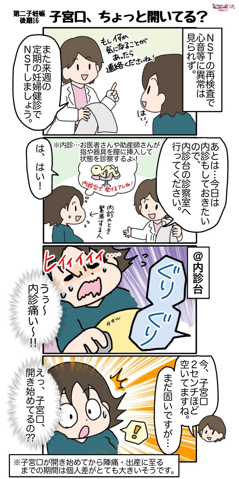 子宮口 子宮口がちょっと開いたからといって すぐ陣痛→分娩になるとは限らないんだけど、  わたし前回が超スピード出産（2時間台）だったのよね…うふふ☆ （次から出産レポです） 「子宮口、ちょっと開いてる？」#こにーの第二子 ...