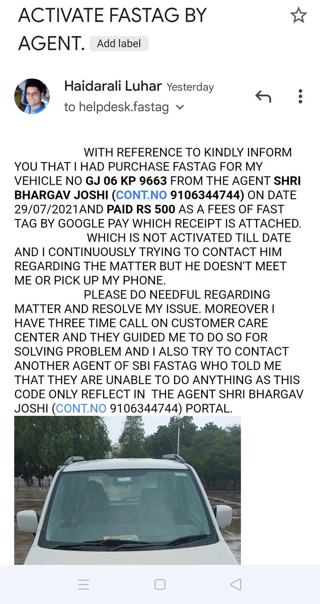 EHaidarali's tweet photo. @fastagofficial Issue in SBI fastag, No one reply from mail. https://t.co/rQBaJHiBcf