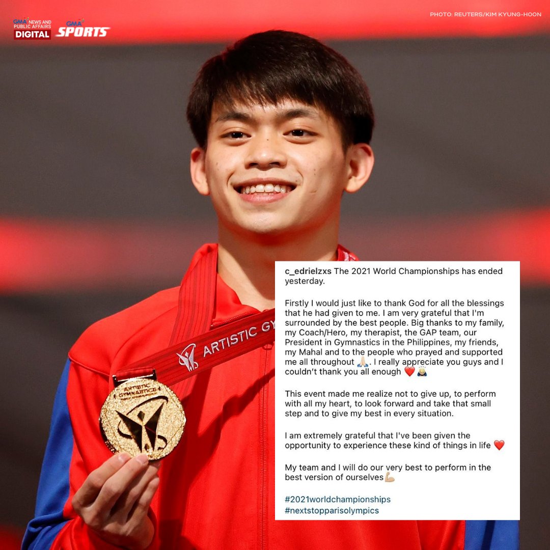 gmasportsph's tweet photo. NEXT STOP: PARIS 2024

World champion Carlos Yulo expressed his utmost gratitude to those who supported him in his recent victory at the 50th FIG Artistic Gymnastics World Championships in Japan last weekend. https://t.co/YhJdygCAVy