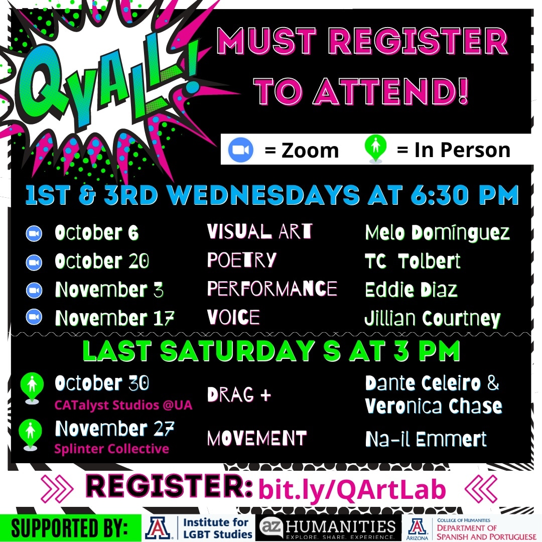✨ #queer #youth in Southern #AZ/ #Tucson: peep <a href="/qyall_az/">qyall</a> #drag #art lab w/ Dante aka Big Papa &amp; Bradley aka Veronica Chase 

in person, mask req
10/30, 3p <a href="/uacatalyst/">UA CATalyst Studios</a> 
bring makeup, etc

Reg: bit.ly/QArtLab

Supported by 
@iLGBT_UofA <a href="/AZHumanities/">Arizona Humanities</a> <a href="/ua_sap/">UA Department of Spanish and Portuguese</a> 
#PleaseShare