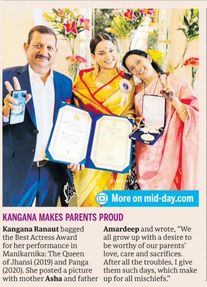 #Kangana on cloud nine after receiving 4th #NationalFilmAward 

#KanganaRanaut makes 
parents proud as she bagged 
the #BestActress Award for her performance in #Panga and #ManikarnikaTheQueenOfJhansi 

#NationalFilmAwards 
#67thNationalFilmAwards
